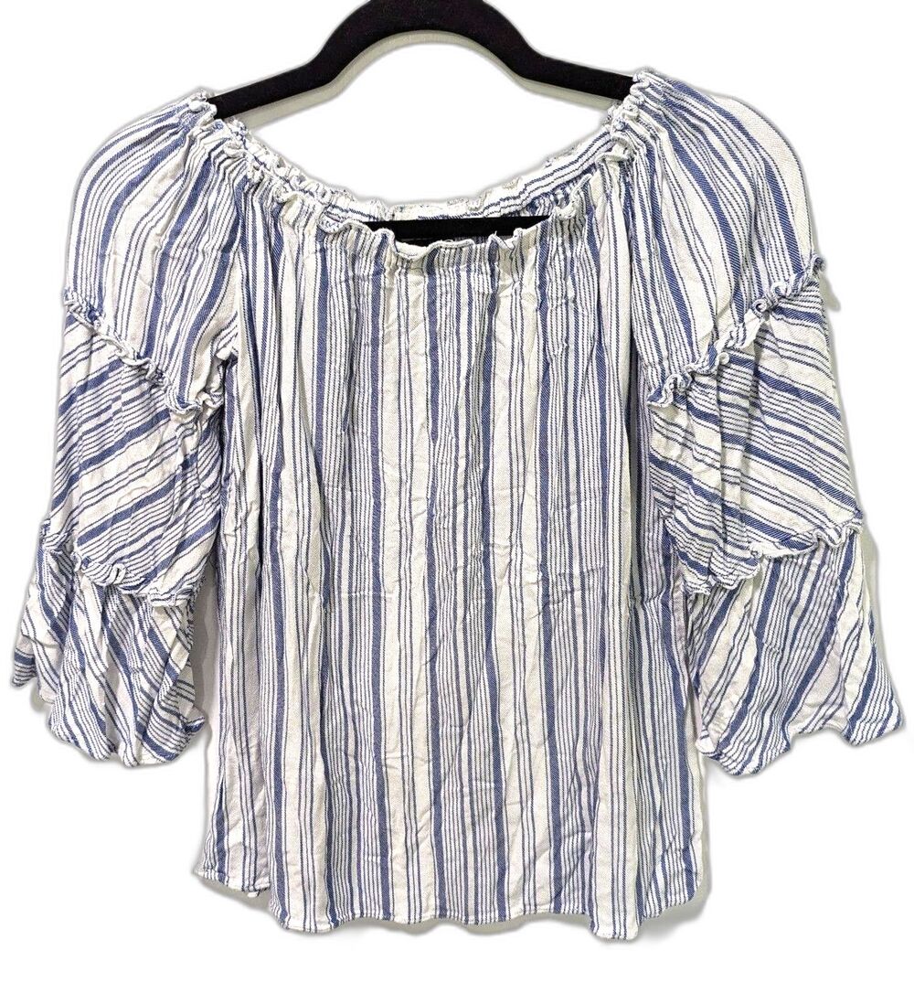 Drew Women's Size Small Boho Flowy Top White Blue Pinstripe Blouse